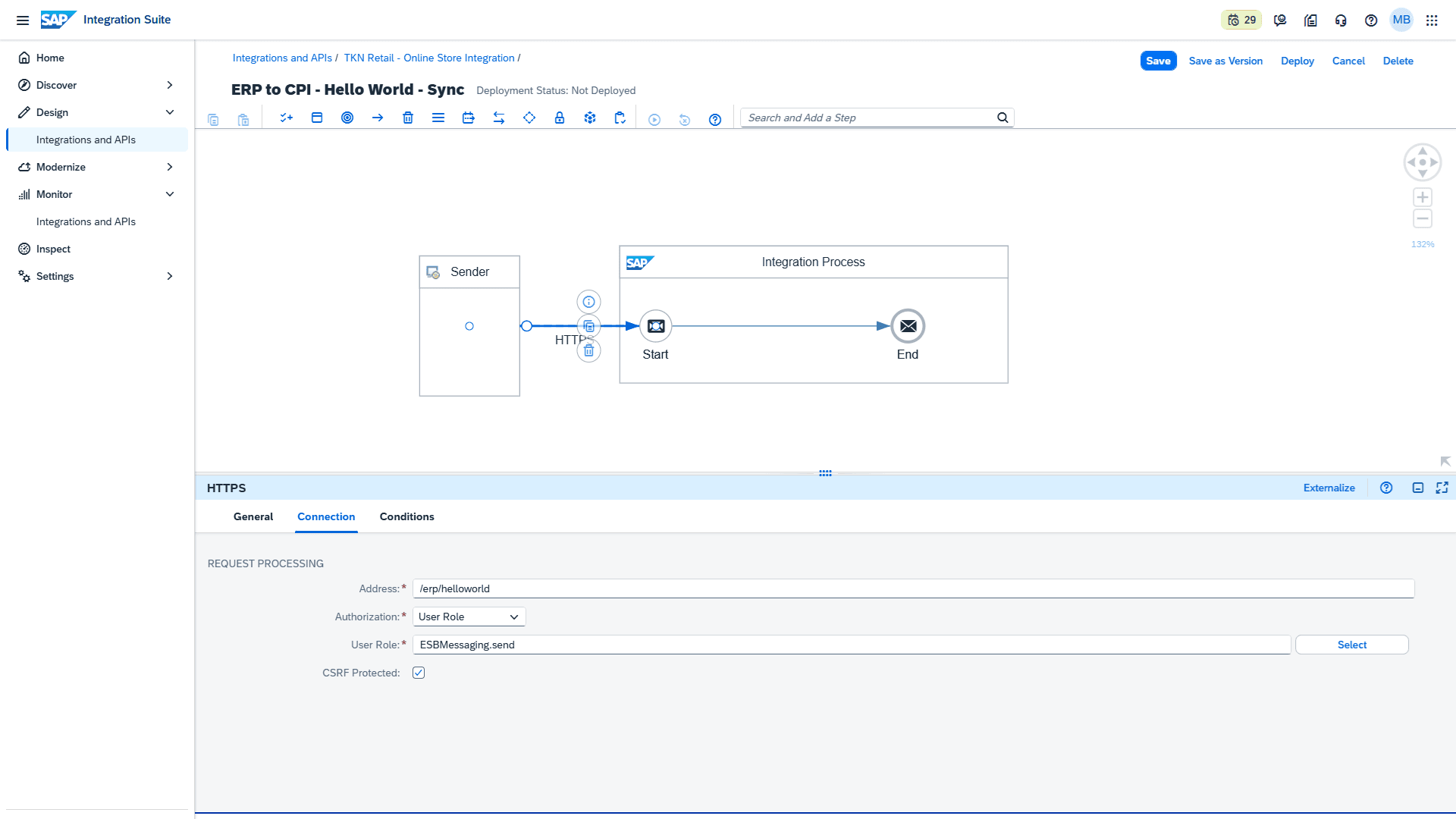 HTTPS sender tab Connection dengan Address /erp/helloworld, Receiver sudah dihapus