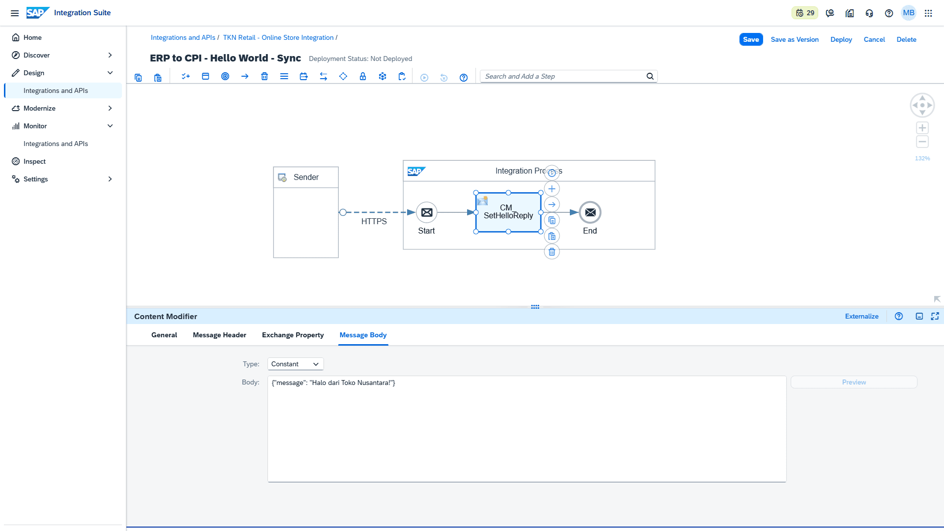 Tahap 1: Start, CM_SetHelloReply, End, dengan Message Body tipe Constant