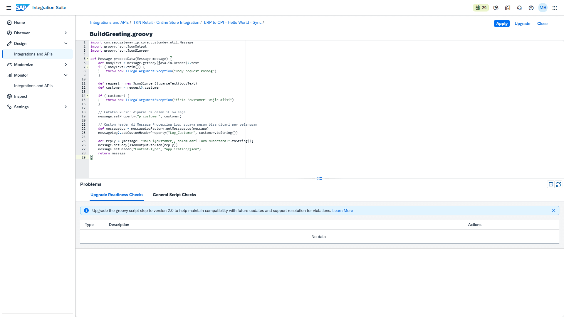 Editor script BuildGreeting.groovy untuk step GS_BuildGreeting