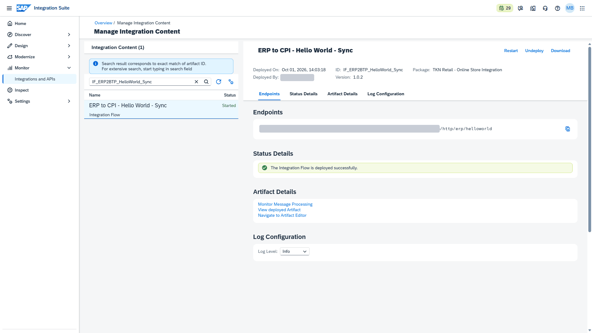 Manage Integration Content: IF_ERP2BTP_HelloWorld_Sync berstatus Started, host endpoint disembunyikan