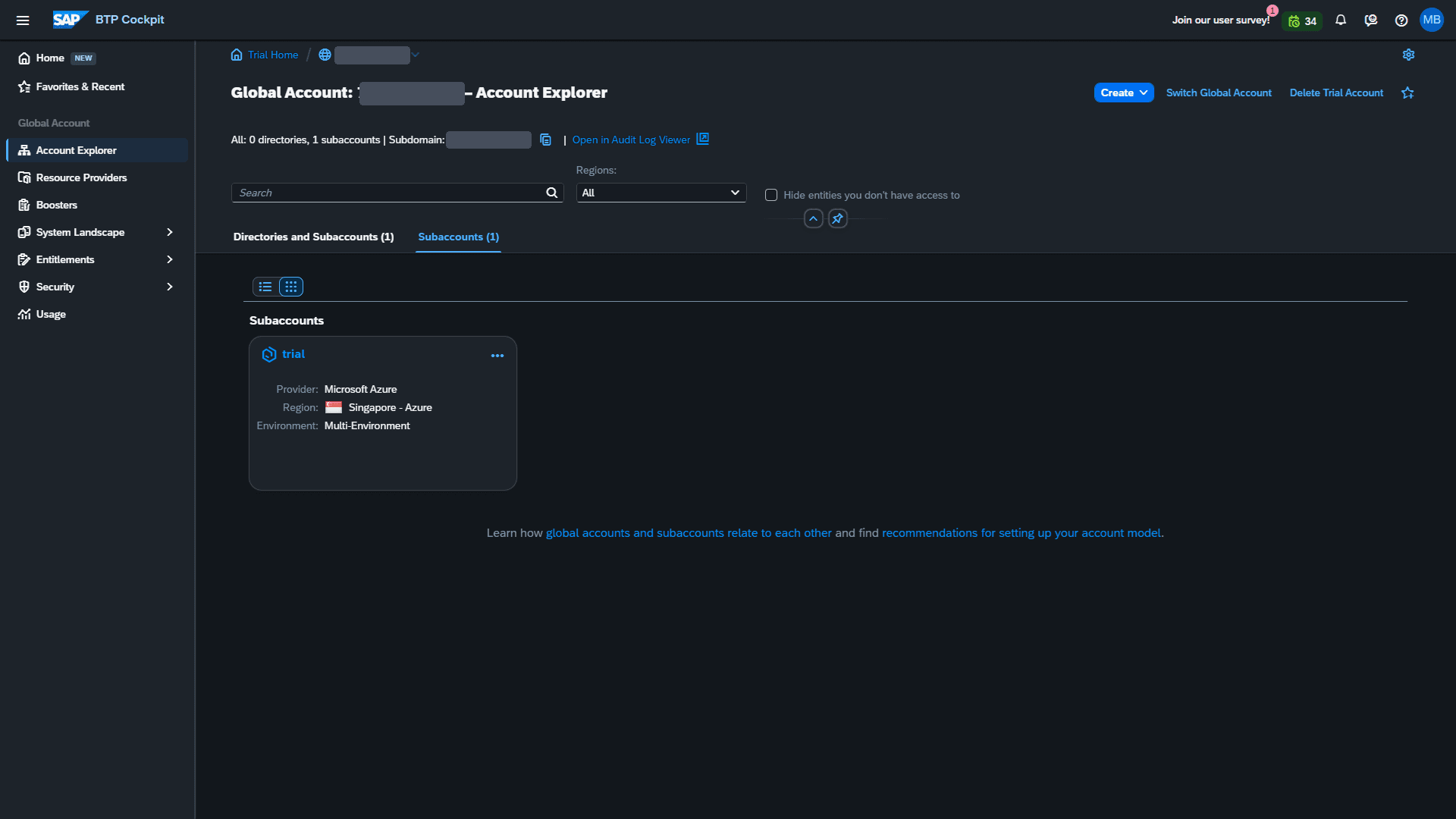 Global account trial dengan satu subaccount trial di region Singapore - Azure