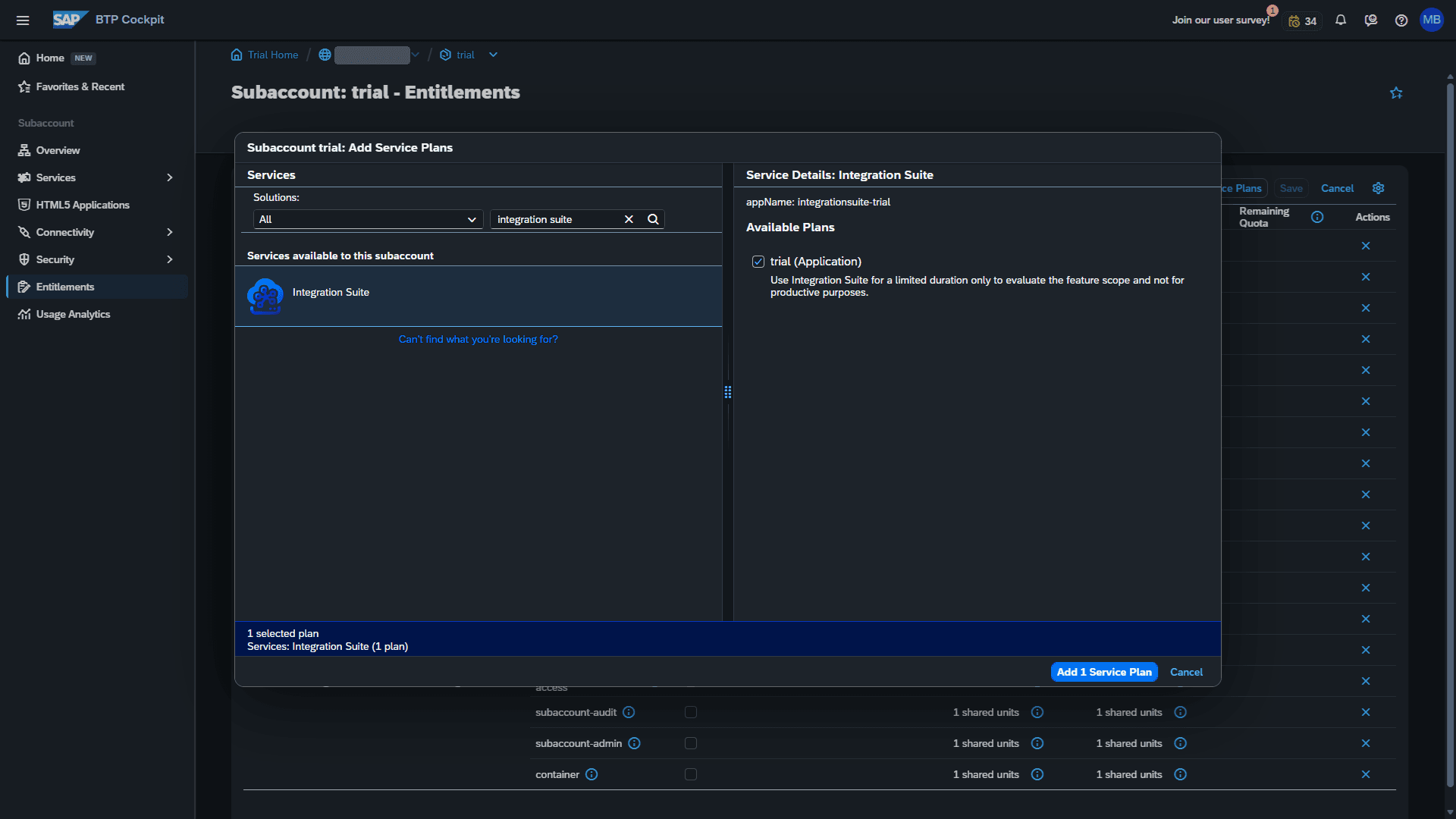Add Service Plans: Integration Suite plan trial
