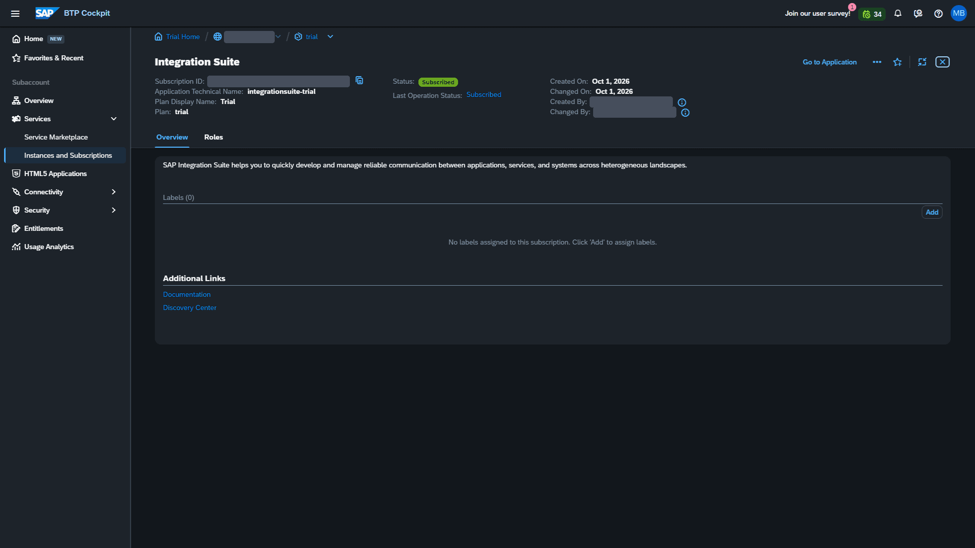 Subscription Integration Suite berstatus Subscribed
