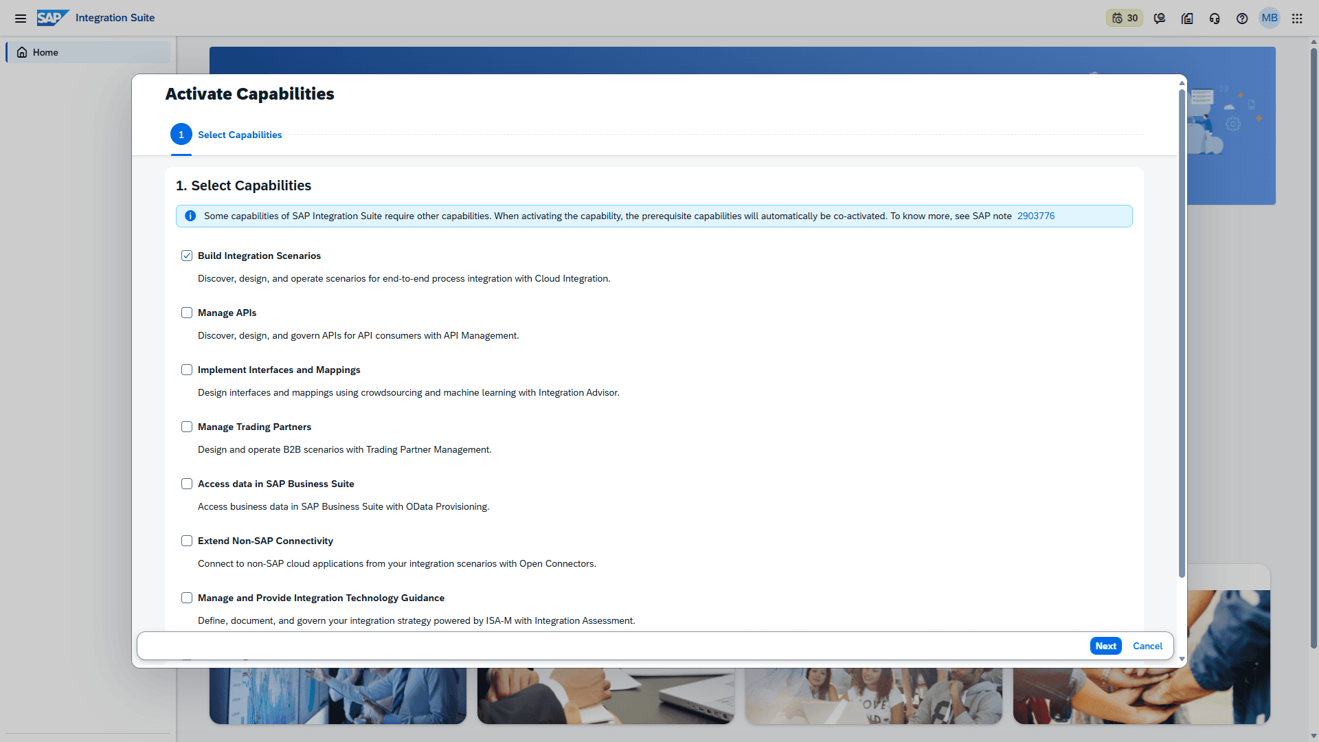 Activate Capabilities dengan Build Integration Scenarios tercentang