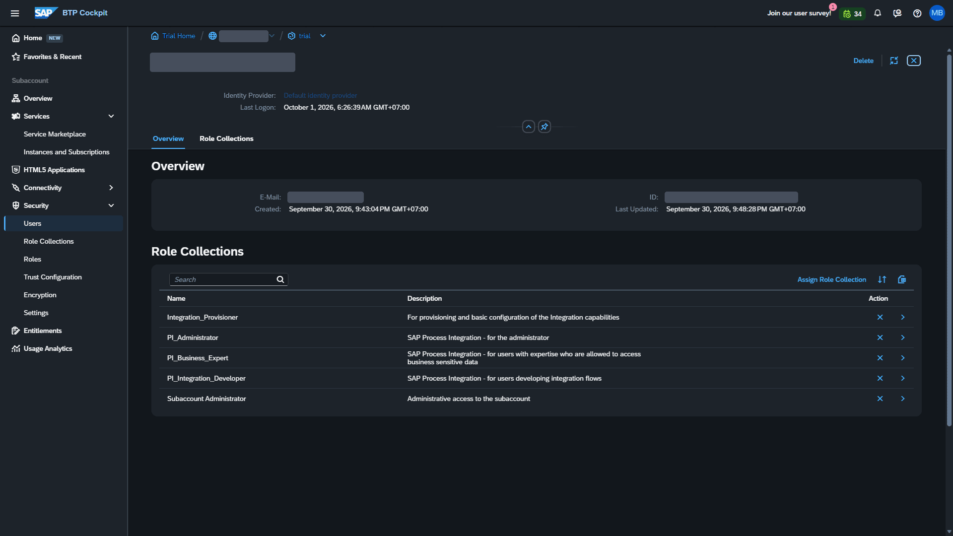 Role collection user: Integration_Provisioner dan tiga role PI_*