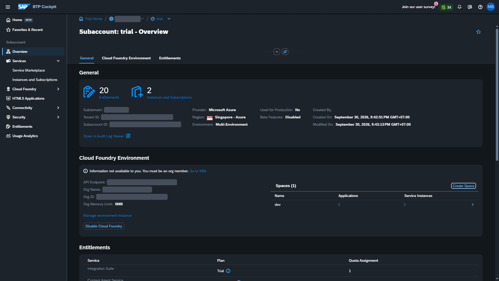 Cloud Foundry aktif dengan space dev