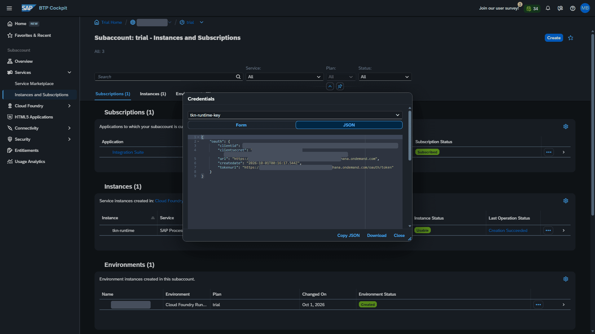 Instance tkn-runtime dan service key tkn-runtime-key (nilai kredensial disembunyikan)