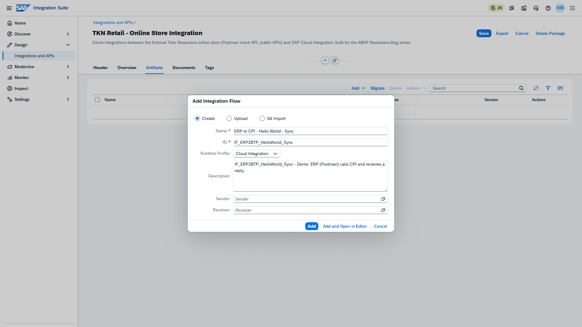 Dialog Add Integration Flow dengan Name, ID, dan Description terisi