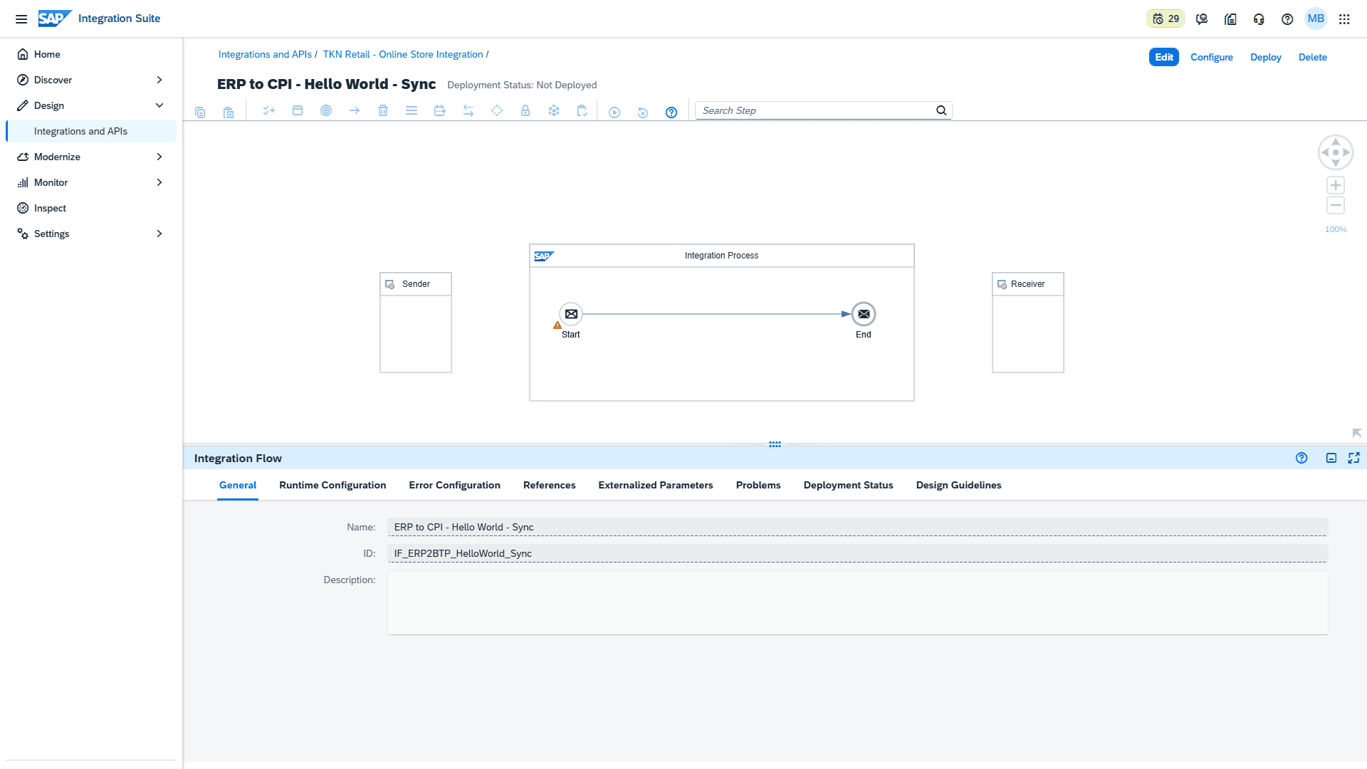 Editor iFlow: toolbar palette di atas, canvas di tengah, panel properti di bawah