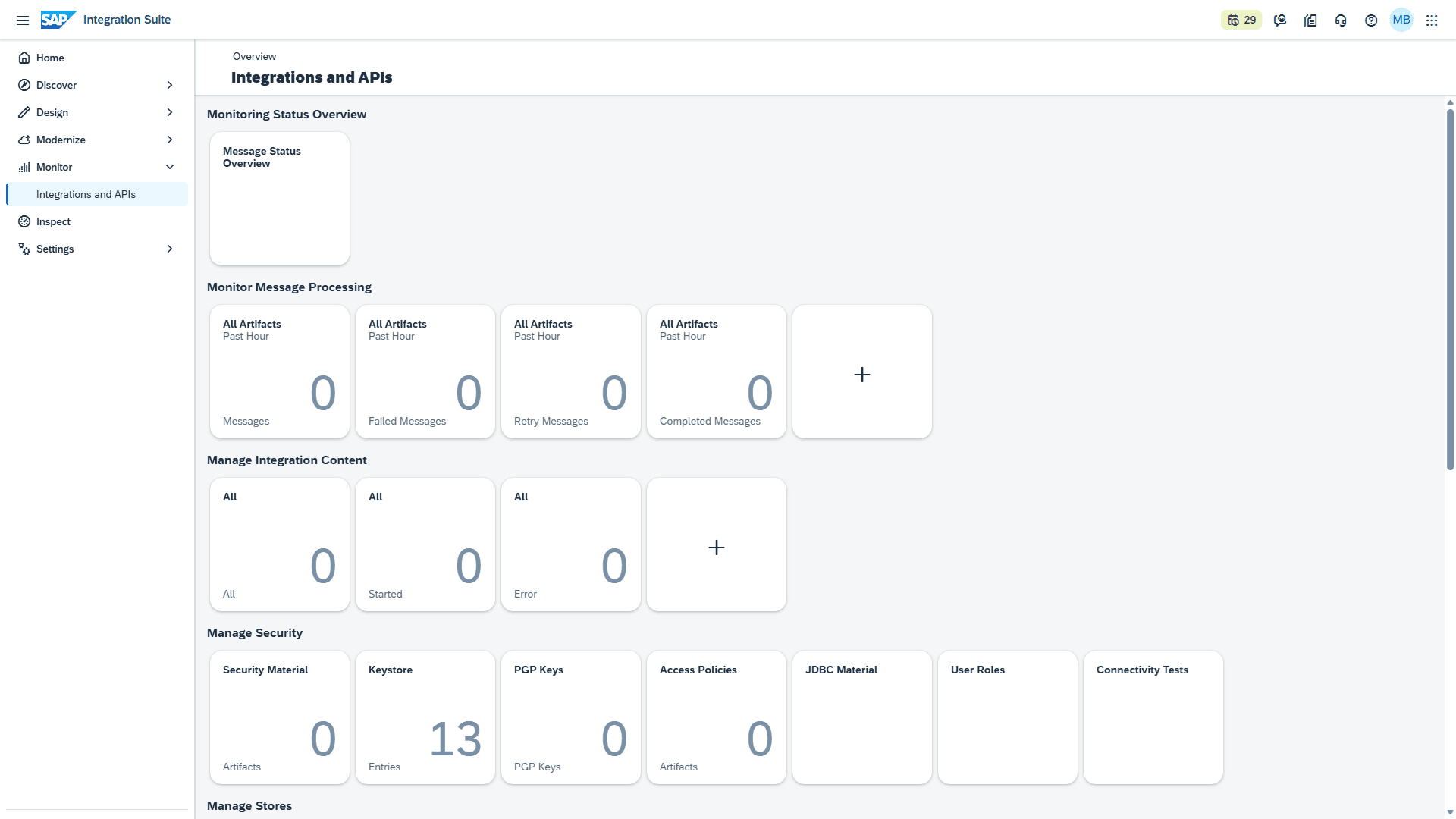 Monitor Integrations and APIs, bagian atas: Message Processing, Integration Content, Security