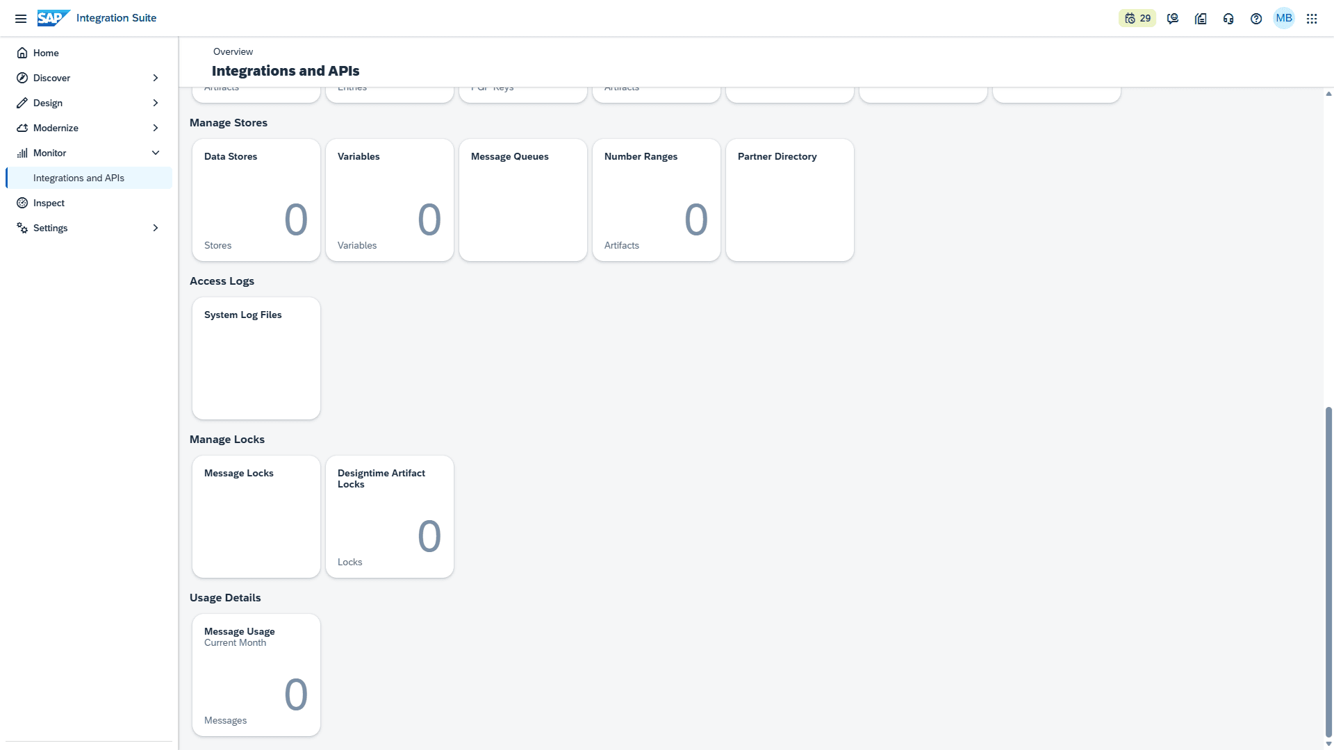 Monitor Integrations and APIs, bagian bawah: Stores, Access Logs, Locks, Usage